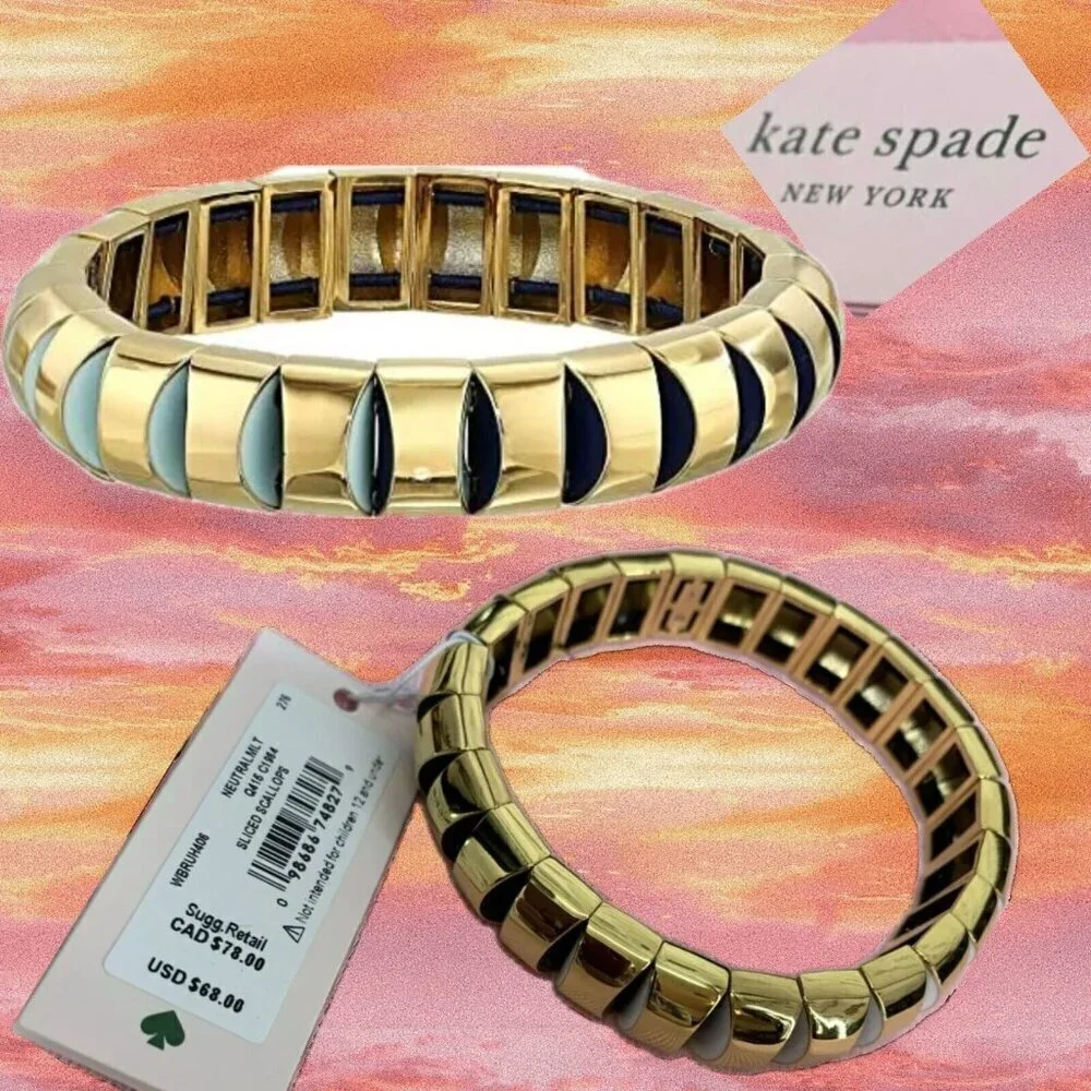 Kate Spade Gold Black-White Pop Enamel Sliced Scallop Stretch Metal Bracelet - Picture 1 of 4
